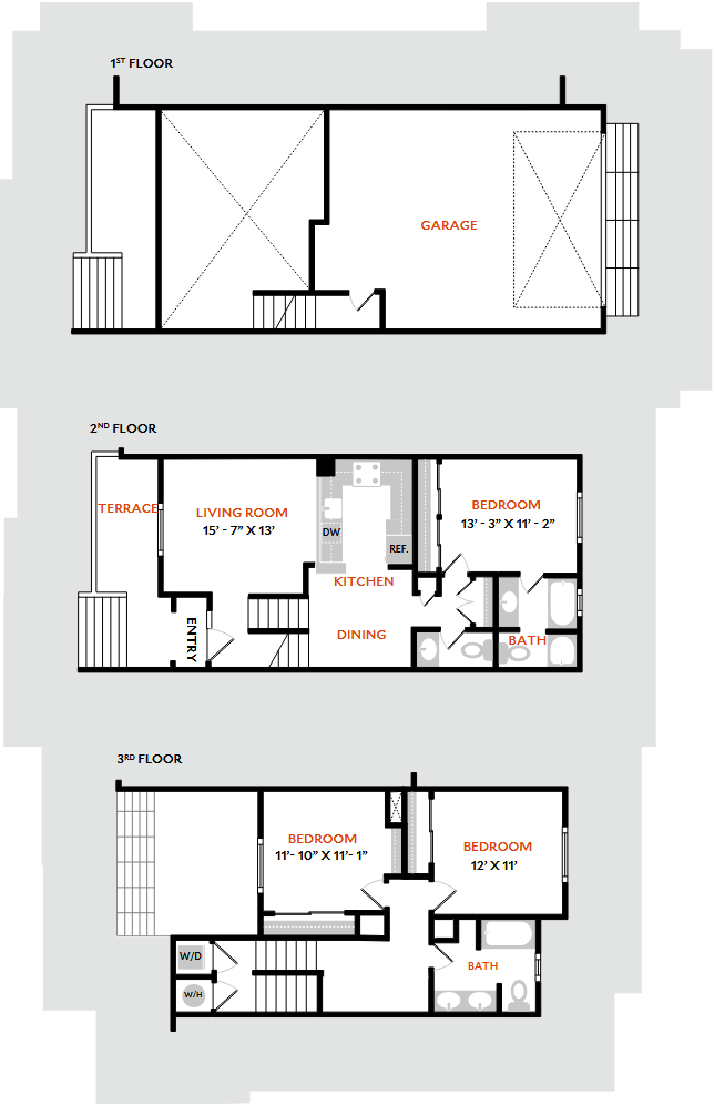Floor plan for 3 beds, 2.5 baths, 1405 sqft